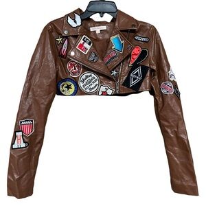 HOT & DELICIOUS|Brown Cropped Moto Jacket - Patches- Faux Leather- Size S